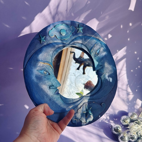 Vintage Blue Celestial Wooden Moon Wall Mirror - Picture 2 of 4